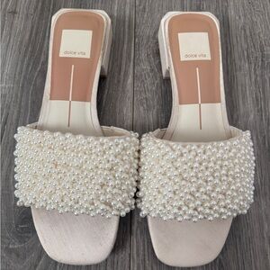 Dolce Vita Pearl-Embellished Ivory Slide Sandals